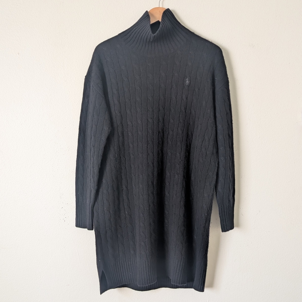 Polo Ralph Lauren Cable Knit Turtleneck Sweater Dress, Black Wool Cashmere Blend